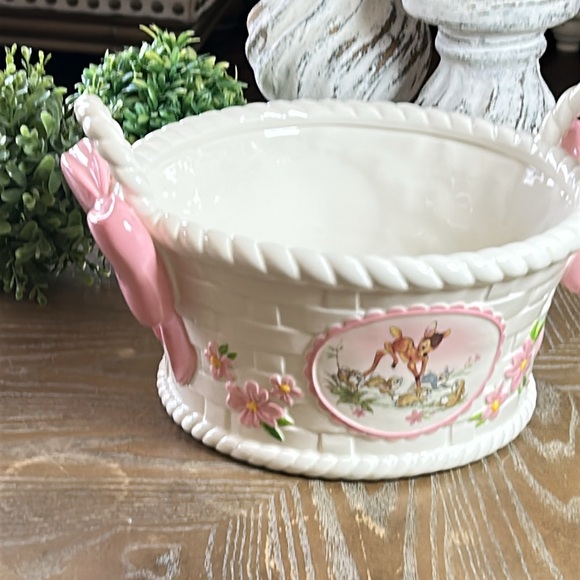 Walt Disney Bambi Thumper Bunny Rabbit Ceramic Weaved Easter Basket Pink Bows - Picture 10 of 10